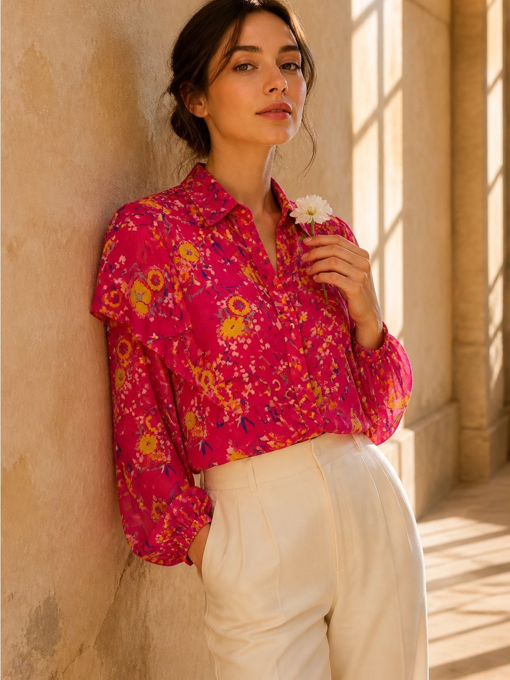 SALONI Fuchsia Floral Button-Front Blouse with Yellow Accents